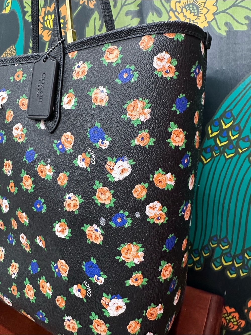 Coach Reversible Floral Market Tote Black Crossgrain Leather Shopper Bag - Picture 6 of 12
